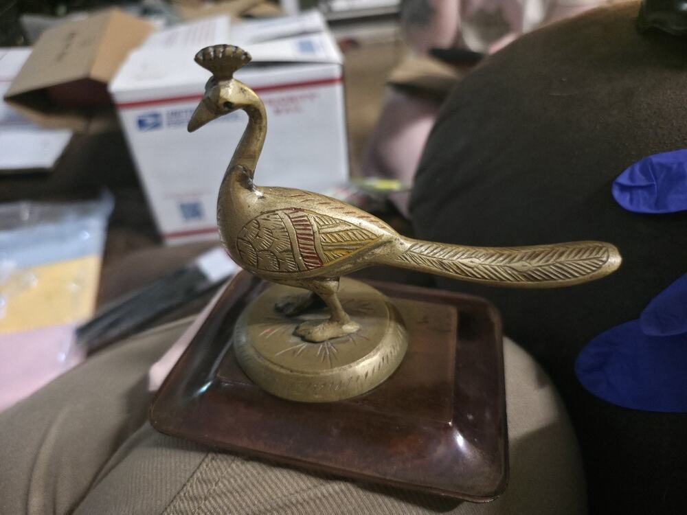Vintage Brass Peacock Bird With Red/Yellow Details Long Tail Signed India 4"